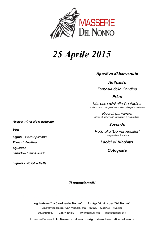 Menu 25 Aprile 2015 | Masserie del Nonno | www.delnonno.it